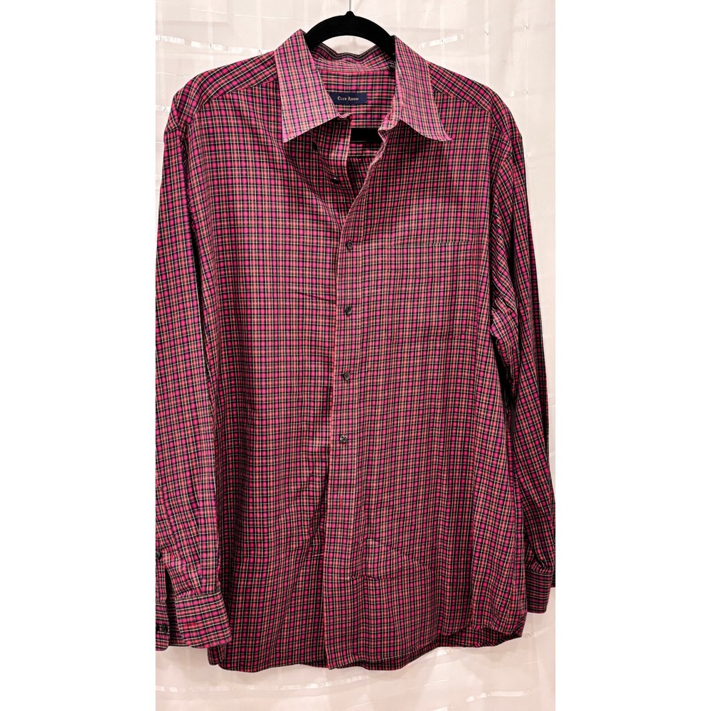 Club Room Mens XL Plaid Button Down Shirt Red Green Blue 100% Cotton 17 34/35